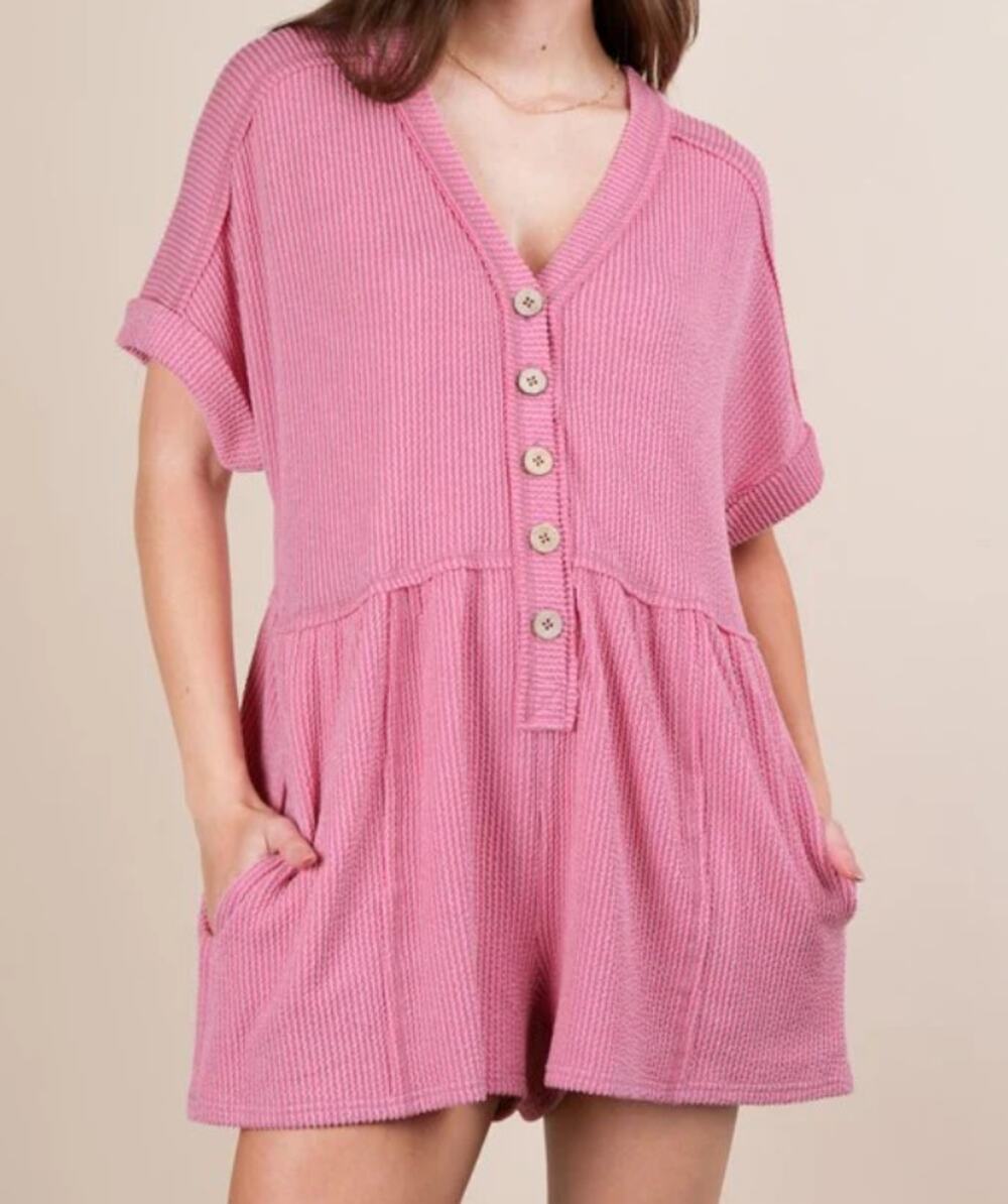 Very J Pink Ribbed Knit Button Down Dolman Sleeve Romper Pockets Medium NWT